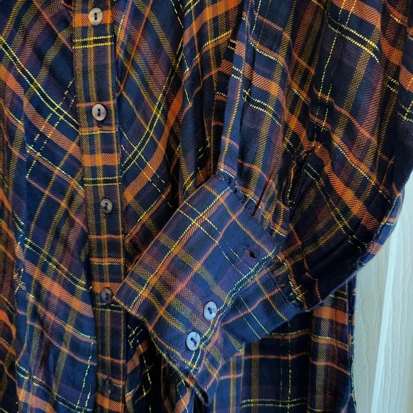 NATURAL LIFE Navy and Orange Plaid Long Sleeve Dress With Gold Thread (Rare) - Picture 5 of 7